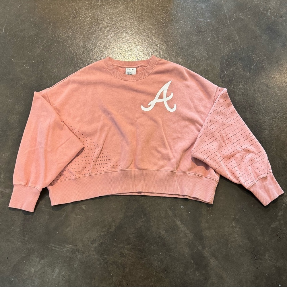 Women's Atlanta Braves Nike Pink Oversized Cropped Pullover Sweatshirt - Picture 2 of 6